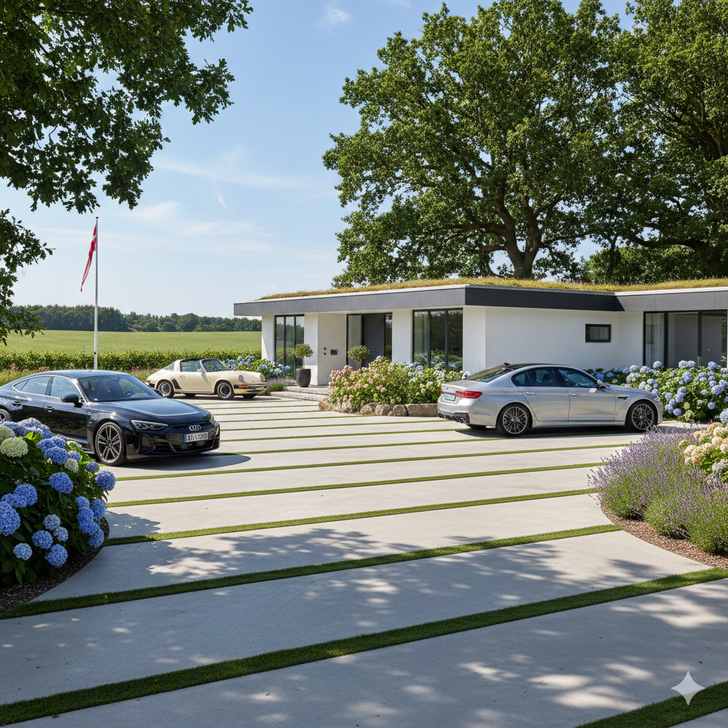 Beton indkørsel i et klassisk dansk hjem